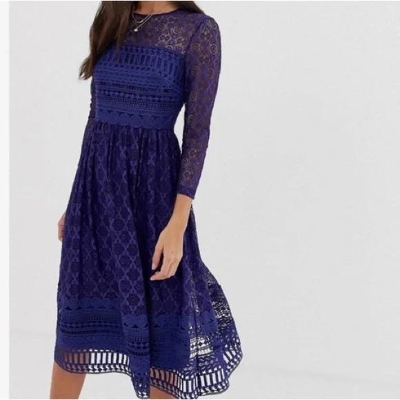 ASOS Design Tall Premium Lace Midi Skater Dress in Navy ASOS Design Tall Premium Lace Midi Skater Dress in Navy
